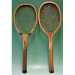 2x Wooden tennis rackets to include a'Cambridge' having a convex wedge^ regular handle^ oval head