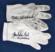 2x Open Golf Champions signed personal worn golf gloves to incl Ian Baker-Finch signed "Open