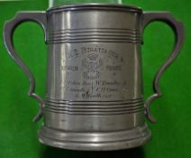 1882 Rowing regatta pewter trophy - the double handled 1pt tankard is engraved "R.E. Regatta
