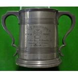1882 Rowing regatta pewter trophy - the double handled 1pt tankard is engraved "R.E. Regatta
