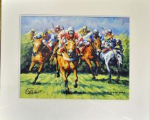 Interesting'Over The Jump' steeplechase oleograph  painting signed by the artist Leo Casement
