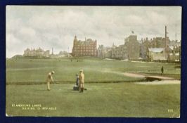 Early St Andrews coloured golfing postcard - titled'St Andrews Links - Driving to the 18th Hole'