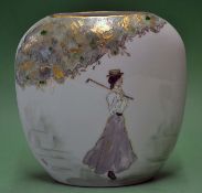 Lustre ware vase with a hand painted figure of Vic lady golfer signed by artist Sallie - set against