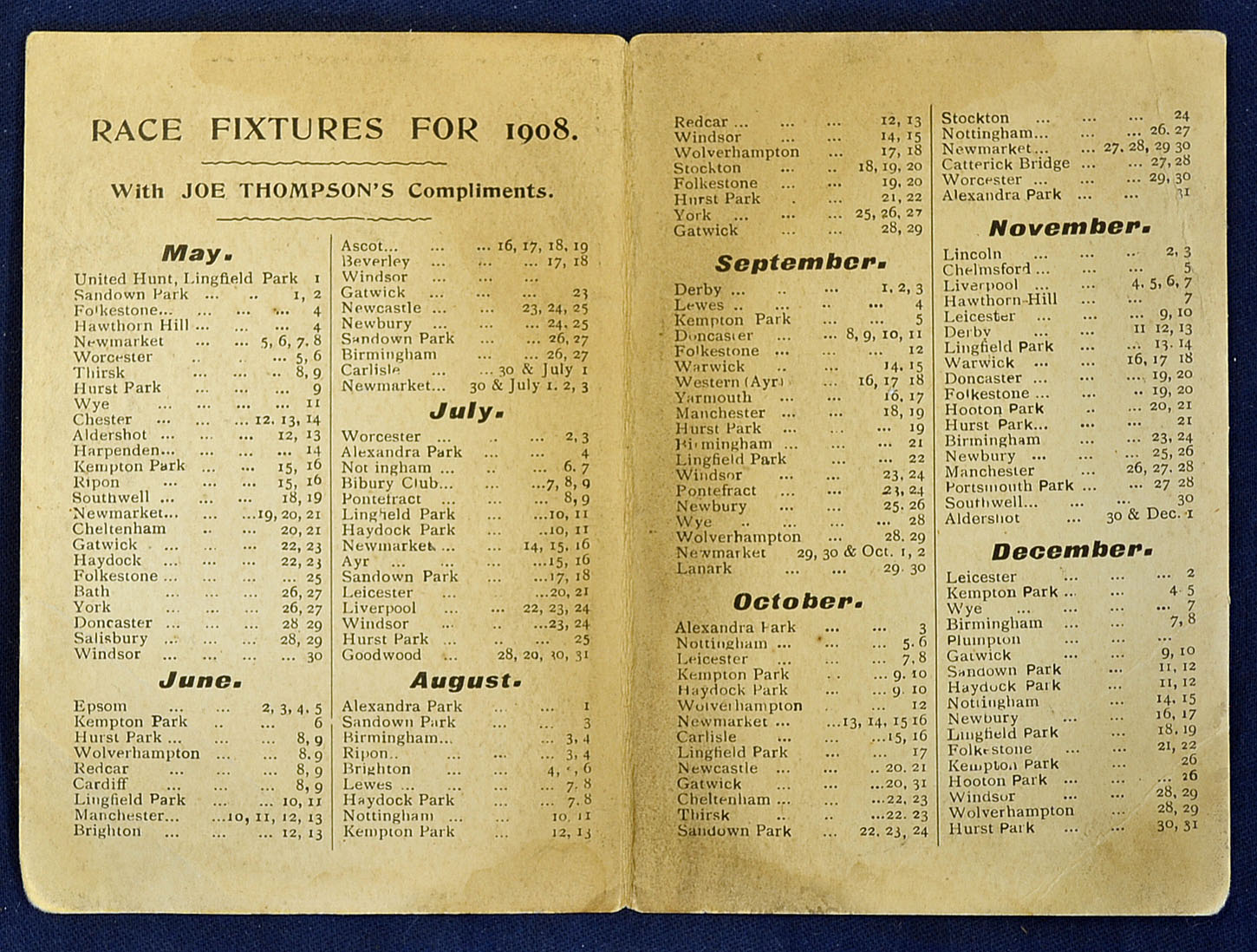 1908 Four page race fixture card with compliments Joe Thompson's Nottingham - Image 2 of 2