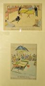 2x Tennis cartoons depicting games from the 1920. Matted