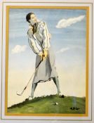 RBW monogramme - original watercolour of a very stylish 1930s lady golfer addressing the golf ball -