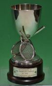 French silver-plated tennis trophy consisting of a trophy bowl supported by three mesh-strung lawn