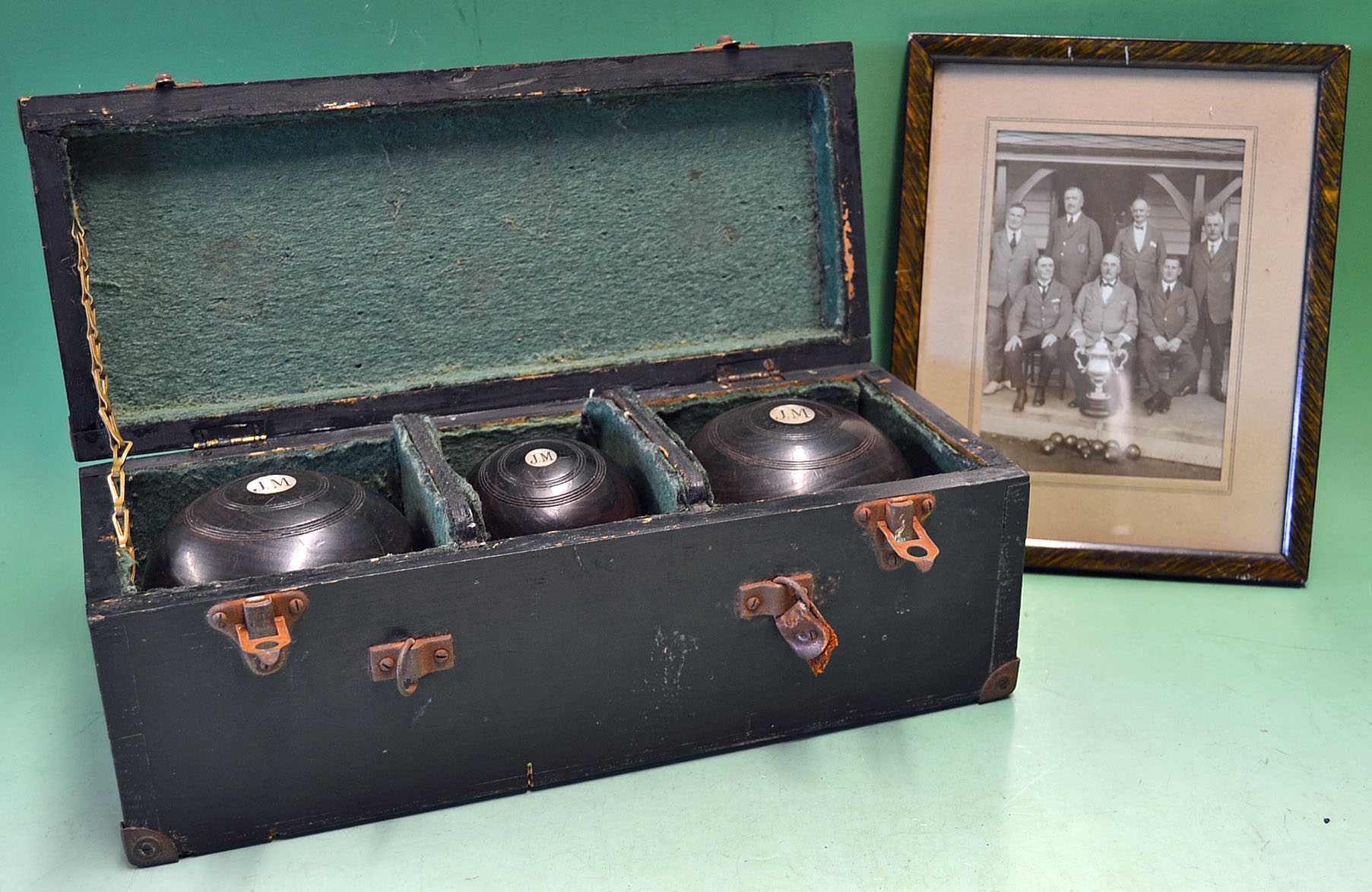 Bowls - Pair of Lignum Vitae Bowls and Jack by J Darlington^ Slater St^ Liverpool each bowl inlaid