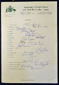 1981 Australia Cricket tour to UK and Sri Lanka signed  team sheet including 19 signatures such as