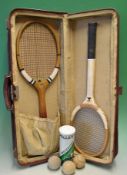 Good quality Edwardian leather tennis holdall measuring 70x30x10 cm^ initialled E.A.J.^ containing
