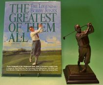 Bobby Jones bronzed spelter golfing figure - mounted on a naturalistic base in his typical driving