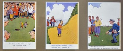 3x Guinness "H M Bateman Cartoon" golfing coloured postcards - printed by Sanders Phillips & Co