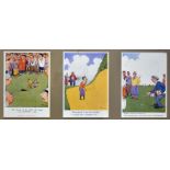 3x Guinness "H M Bateman Cartoon" golfing coloured postcards - printed by Sanders Phillips & Co