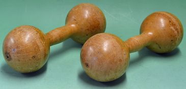 Pair of c1900 wooden weights'dumb bells' vintage from the Edwardian era (G )