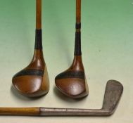 2x Matching patent striped top stained persimmon wood Hickman's 'Bamfe' woods a brassie and a spoon^