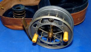 REEL & CASE: (2) Early Allcock Aerial 4" wide drum alloy ventilated Centrepin reel, German silver