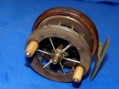 REEL: Rare 3" Coxon Aerial wood backed wide drum reel, 6 spoke with tension regulator, twin bone