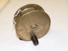 REEL: Hardy 4" all brass Birmingham salmon fly reel, tapered horn handle (tiny chip to dome),