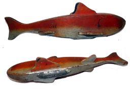 DECOY: Unusual folk art style wooden decoy fish lure, 17.5" long, red over silver paint, line fixing