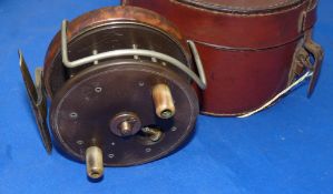 REEL & CASE: (2)  Rare Allcock Sea Britannia Aerial type trotting reel, 3.4" solid ebonite drum with