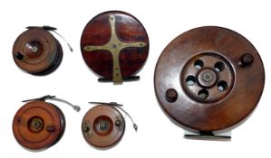 REELS(5): Collection of assorted wood and brass Nottingham reels, incl. a 7.5" diameter