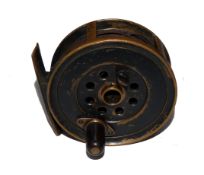 REEL: Early Moscrop of Manchester 3" all brass Patent brake reel, black horn handle, face plate