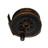 REEL: Early Moscrop of Manchester 3" all brass Patent brake reel, black horn handle, face plate