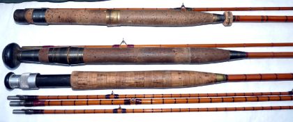 RODS: (3) Farlow of London 8'6" 2 piece split cane trout fly rod, green close whipped, cork handle