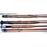 RODS: (3) Farlow of London 8'6" 2 piece split cane trout fly rod, green close whipped, cork handle