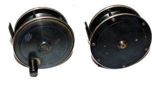 REEL: Fine early Hardy brass/ebonite salmon fly reel, 4.5" diameter, horn handle, Rod in Hand and