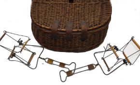 ACCESSORIES: (3) Fine English willow trout fisher's creel 15"x9"x9", leather hinged rear opening