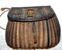 CREEL: Early French split reed fly fishers creel, leather warp to lid and base, 17" x10" x8", centre