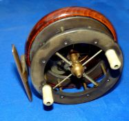 REEL: Early Coxon Aerial 4 spoke wood backed Centrepin reel, 3.5" diameter, tension regulator,