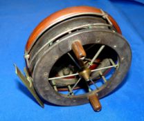 REEL: Early Coxon Aerial  4" wood backed narrow drum Centrepin reel, model 4104, 6 spoke, no tension