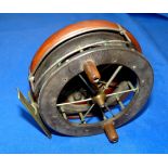 REEL: Early Coxon Aerial  4" wood backed narrow drum Centrepin reel, model 4104, 6 spoke, no tension