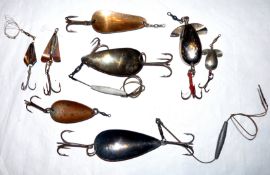 LURES: (8) Collection of early metal spoon and spinner baits, 1.25" Colorado spoon stamped Unplated,