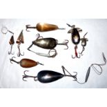 LURES: (8) Collection of early metal spoon and spinner baits, 1.25" Colorado spoon stamped Unplated,