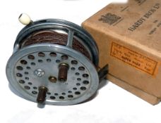 REEL: Hardy Super Silex 4" alloy trotting reel, twin black handles, button spool release, ivorine