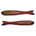 ACCESSORY: Unusual 19th century hand carved wooden fish priest, 11.5" long, lead eyes and weight