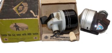 REELS: (2) Abu-Matic 80 bait casting & spinning reel, black-grey finish, foot stamped "Product of