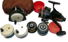 REELS: (2) & SPOOLS: (4) Abu Cardinal Sweden 157 rear drag spinning reel, foot stamp No. 780902,