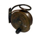 REEL: Early Malloch of Perth all brass side cast reel, 4" diameter, black horn handle, Malloch