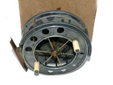 REEL: Fine early Allcock Aerial alloy trotting reel, 4.5" diameter, face plate stamped "Patent" with