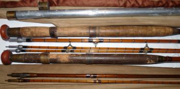 RODS: (2) Farlow 12' 3 pce with correct spare tip Holdfast cane salmon fly rod, refurbished with