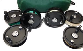 REELS: (2) & SPOOLS: (4) Pair of 3M System Two 10/11 Barstock alloy salmon fly reels, backplate