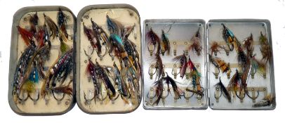 FLY BOXES: (2) Early zinc deep fly box containing a collection of gut and steel eyed flies on