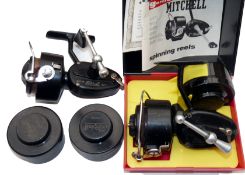 REELS: (2) & SPOOLS: (3) Early French Mitchell 300 spinning reel, spring fold handle, V shape check,