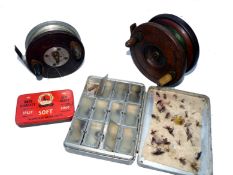 REELS (2) & ACCESSORIES: A Zephyr style alloy and wood trotting reel, 3.5" diameter, Slater latch,