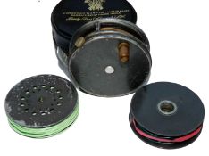 REEL & SPOOLS: (3)  Hardy Perfect 3 3/8" alloy trout fly reel, rim tension regulator, brown