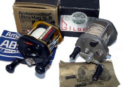 REELS: (2) Abu Ambassadeur Ultra Mag XL3 multiplier reel, black/gold finish, foot stamp 850100, free